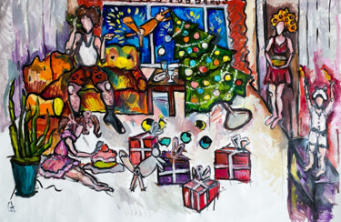 Schilderij getiteld "Family New Year" door Sasha Neschastnova, Origineel Kunstwerk, Olie