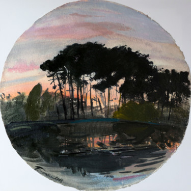 Malerei mit dem Titel "Crépuscule sur le l…" von Orest Hrytsak, Original-Kunstwerk, Pigmente Auf Keilrahmen aus Holz montiert