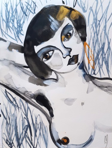 Schilderij getiteld "Femme portrait aqua…" door Céline Marcoz, Origineel Kunstwerk, Aquarel