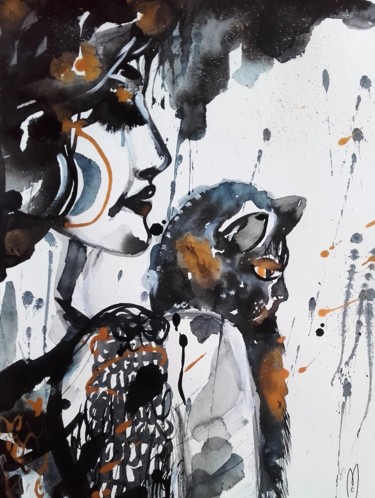 Peinture intitulée "Femme chat" par Céline Marcoz, Œuvre d'art originale, Aquarelle