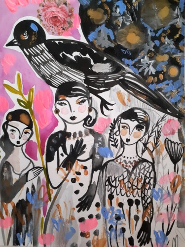 Painting titled "Pink Oiseaux Filles" by Céline Marcoz, Original Artwork, Watercolor