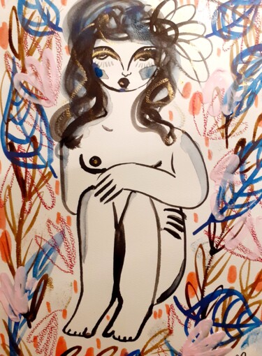 Painting titled "Nu Femme Forêt" by Céline Marcoz, Original Artwork, Watercolor