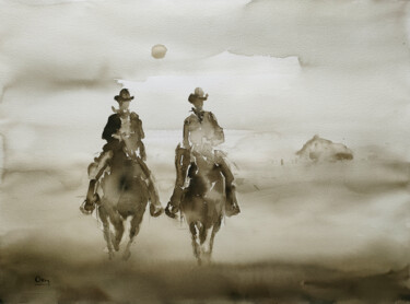 Pittura intitolato "cowboys" da Oscar Alvarez, Opera d'arte originale, Acquarello