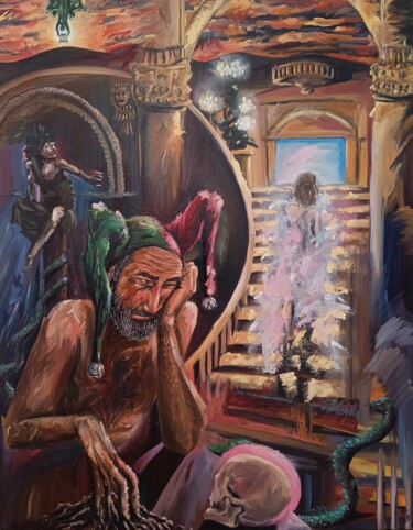 Painting titled "L'Oracle" by Oscar Olarte, Original Artwork, Oil Mounted on Wood Stretcher frame