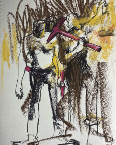 Σχέδιο με τίτλο "Diggers" από Oshorenoya David Francis, Αυθεντικά έργα τέχνης, Παστέλ Τοποθετήθηκε στο Ξύλινο πάνελ