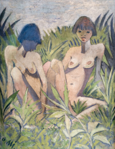 Schilderij getiteld "Deux nus sur l'herbe" door Otto Mueller, Origineel Kunstwerk, Olie