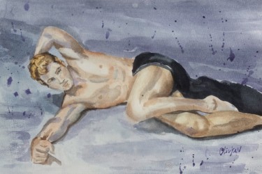 Painting titled "Nude Male Originale…" by Olivkan Art, Original Artwork, Watercolor