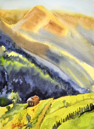 Картина под названием "Mountain  Chalet Wa…" - Olivkan Art, Подлинное произведение искусства, Акварель