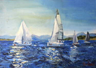Schilderij getiteld "Sailboat Seascape A…" door Olivkan Art, Origineel Kunstwerk, Olie Gemonteerd op Houten paneel
