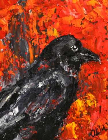 Malarstwo zatytułowany „Raven Oil Art Bird” autorstwa Olivkan Art, Oryginalna praca, Olej Zamontowany na Karton