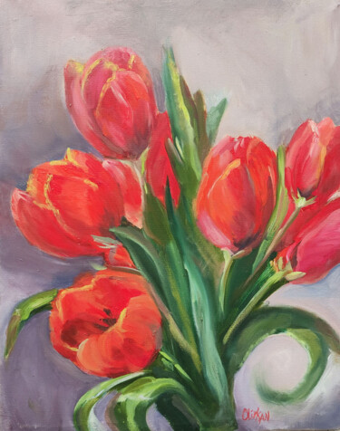 "Tulip Painting Red…" başlıklı Tablo Olivkan Art tarafından, Orijinal sanat, Petrol Diğer sert panel üzerine monte edilmiş