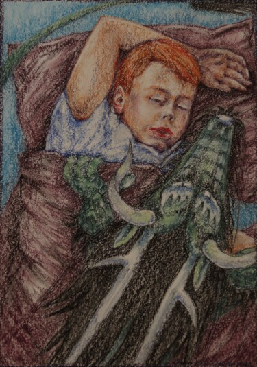 Peinture intitulée "Child and dragon" par Oxana Kondratenko, Œuvre d'art originale, Pastel