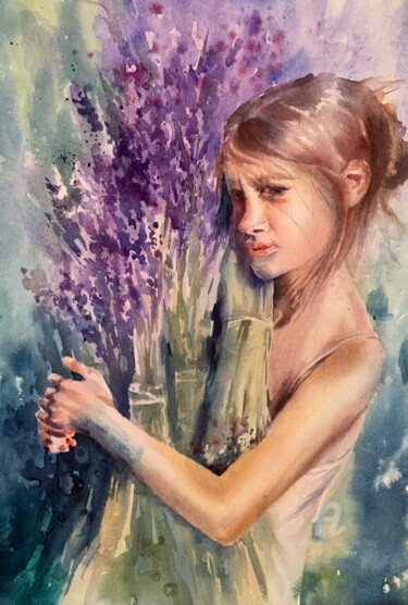 Schilderij getiteld "Girl with lavender…" door Oxana Luky, Origineel Kunstwerk, Aquarel