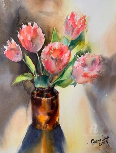 Pittura intitolato "Tulips" da Oxana Luky, Opera d'arte originale, Acquarello