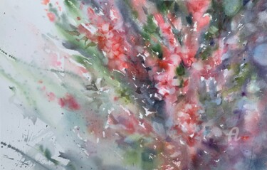 Painting titled "Quince in bloom" by Oxana Luky, Original Artwork, Watercolor