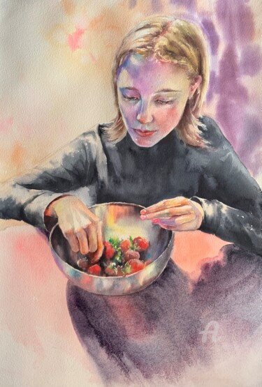 Pittura intitolato "Strawberry season" da Oxana Luky, Opera d'arte originale, Acquarello