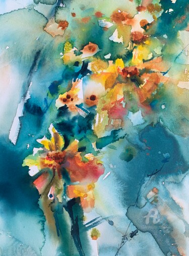 Malerei mit dem Titel "Yellow flowers #3" von Oxana Luky, Original-Kunstwerk, Aquarell