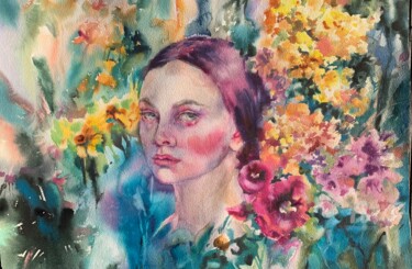 Painting titled "“Looking at the sum…" by Oxana Luky, Original Artwork, Watercolor