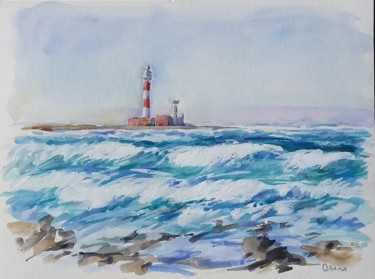 Painting titled "Lighthouse or El Co…" by Oxana Sakharzeva, Original Artwork, Watercolor