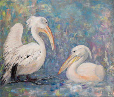 Schilderij getiteld "Pelicans" door Oxana Shimanchuk, Origineel Kunstwerk, Olie Gemonteerd op Frame voor houten brancard