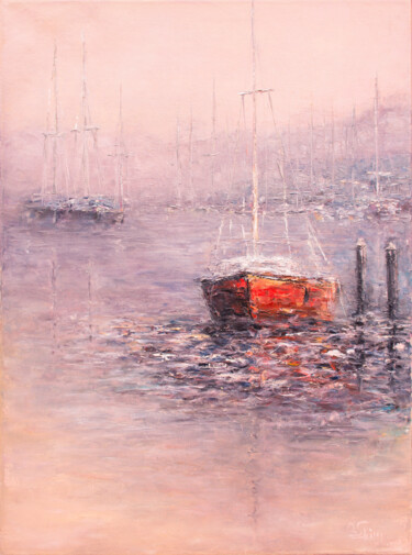 Painting titled "Fog at Dawn" by Oxana Shimanchuk, Original Artwork, Oil Mounted on Wood Stretcher frame