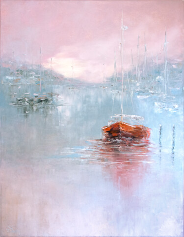 Painting titled "Sailboats in the mi…" by Oxana Shimanchuk, Original Artwork, Oil Mounted on Wood Stretcher frame