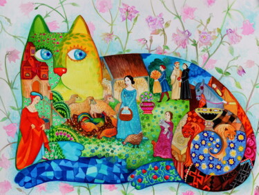Schilderij getiteld "Chat médiéval" door Oxana Zaika, Origineel Kunstwerk, Aquarel