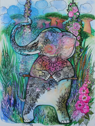 Painting titled "éléphant sur une ba…" by Oxana Zaika, Original Artwork, Watercolor