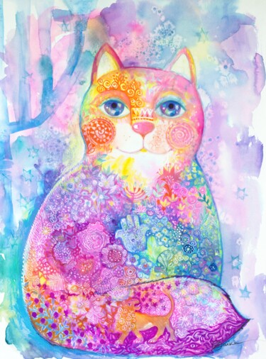 Peinture intitulée "Judaica chat" par Oxana Zaika, Œuvre d'art originale, Aquarelle