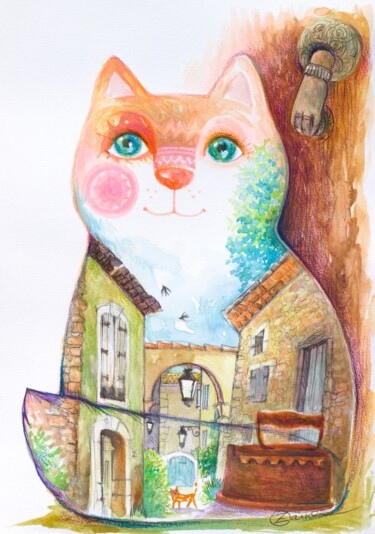 Painting titled "Autignac chat" by Oxana Zaika, Original Artwork, Watercolor