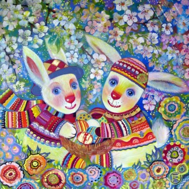 Peinture intitulée "Lapins du soleil" par Oxana Zaika, Œuvre d'art originale, Acrylique