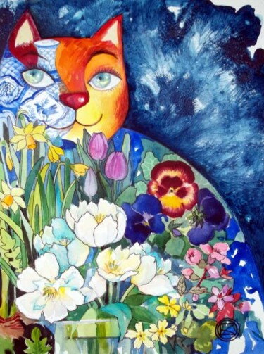 Peinture intitulée "Chat en printemps" par Oxana Zaika, Œuvre d'art originale