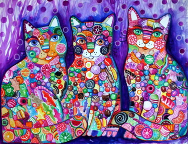 Pintura intitulada "Bonbon chats" por Oxana Zaika, Obras de arte originais, Aquarela