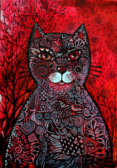 Painting titled "Red cat" by Oxana Zaika, Original Artwork, Ink