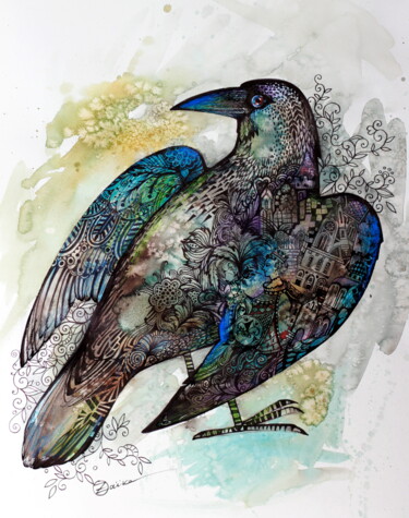 Painting titled "Quoth the Raven" by Oxana Zaika, Original Artwork, Ink