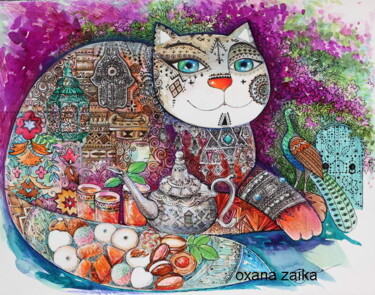 Schilderij getiteld "Orient cat" door Oxana Zaika, Origineel Kunstwerk, Inkt