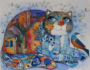 Peinture intitulée "cobalt cat" par Oxana Zaika, Œuvre d'art originale, Encre