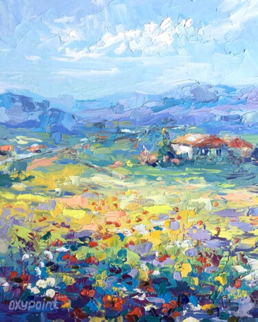 Painting titled ""Poppies in the flo…" by Oxypoint, Original Artwork, Oil Mounted on Other rigid panel