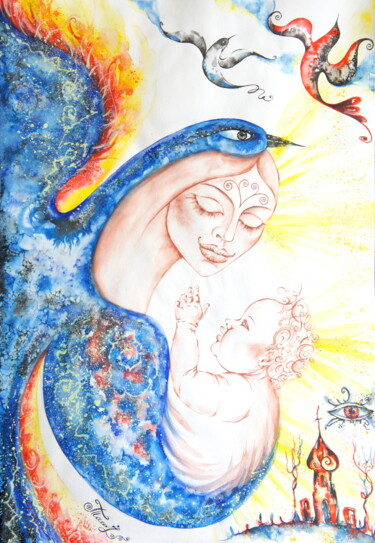 Картина под названием "Mom's Love" - Iryna Tatur, Подлинное произведение искусства, Чернила