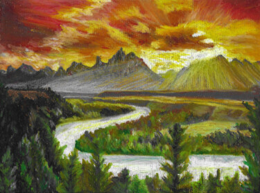 Рисунок под названием "Mountain sunset" - P. Le Sommer, Подлинное произведение искусства, Пастель