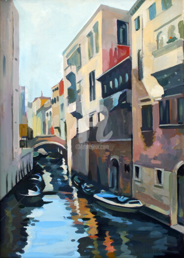Peinture intitulée "Boats in Venice" par Filip Mihail, Œuvre d'art originale, Acrylique