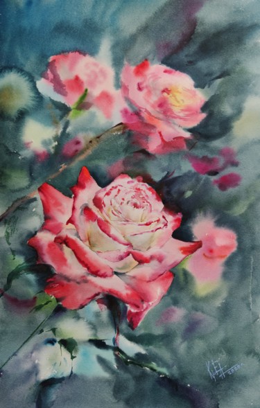 Painting titled ""QUEEN OF FLOWERS"" by Elena Krivoruchenko, Original Artwork, Watercolor