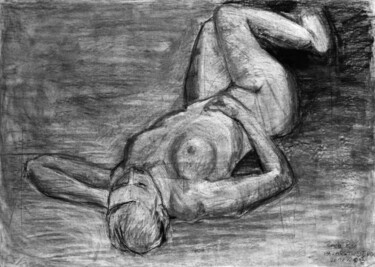 Drawing titled "Girl Lying On Floor" by Pamela Rys, Original Artwork, Charcoal