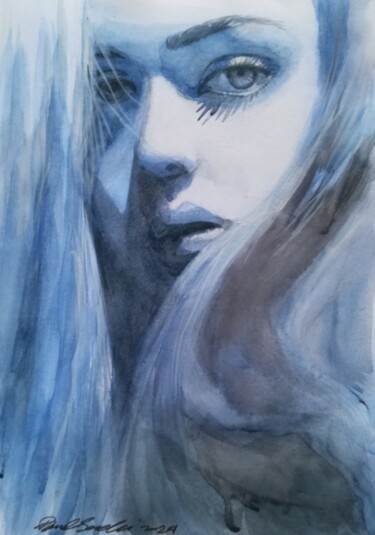 Painting titled "Nel blu" by Pamela Saralli, Original Artwork, Watercolor
