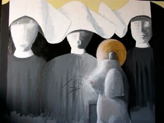 Painting titled "3 nonnes et un doux…" by Pampouille, Original Artwork, Acrylic