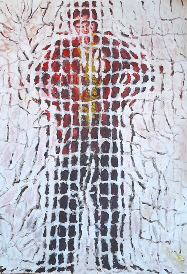 Painting titled "Uomo con giacca ros…" by Paolo Avanzi, Original Artwork, Acrylic Mounted on Wood Panel