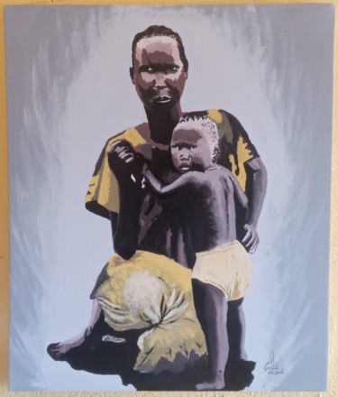 Peinture intitulée "Amour maternel" par Parou Léger Djore, Œuvre d'art originale, Huile Monté sur Panneau de bois
