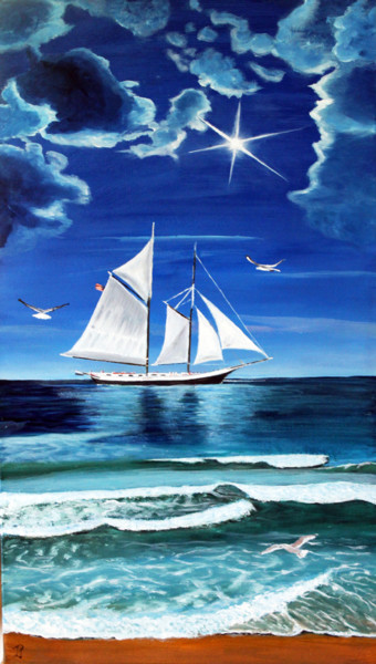 Pintura intitulada "Voilier à la côte -" por Jean Parraud, Obras de arte originais, Óleo