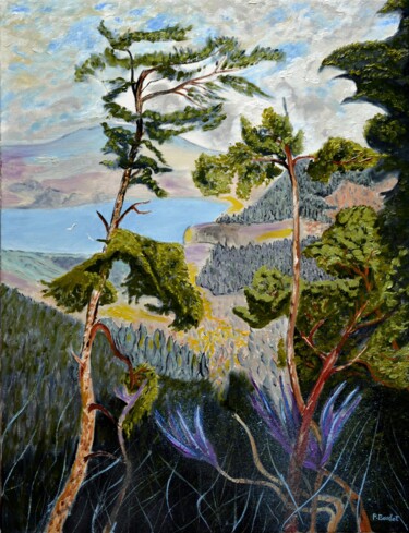 Malerei mit dem Titel "Vue sur le lac" von Pascal Baudot, Original-Kunstwerk, Öl Auf Keilrahmen aus Holz montiert