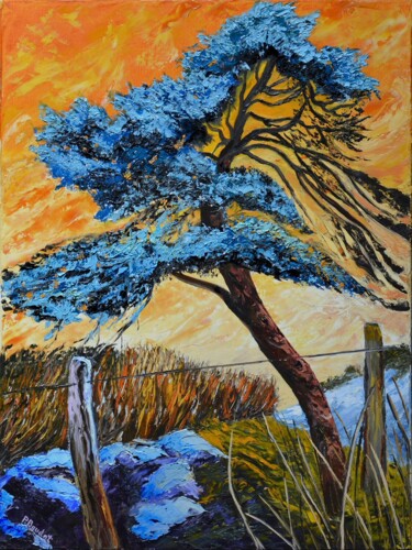 Malerei mit dem Titel "Le pin bleu" von Pascal Baudot, Original-Kunstwerk, Öl Auf Keilrahmen aus Holz montiert